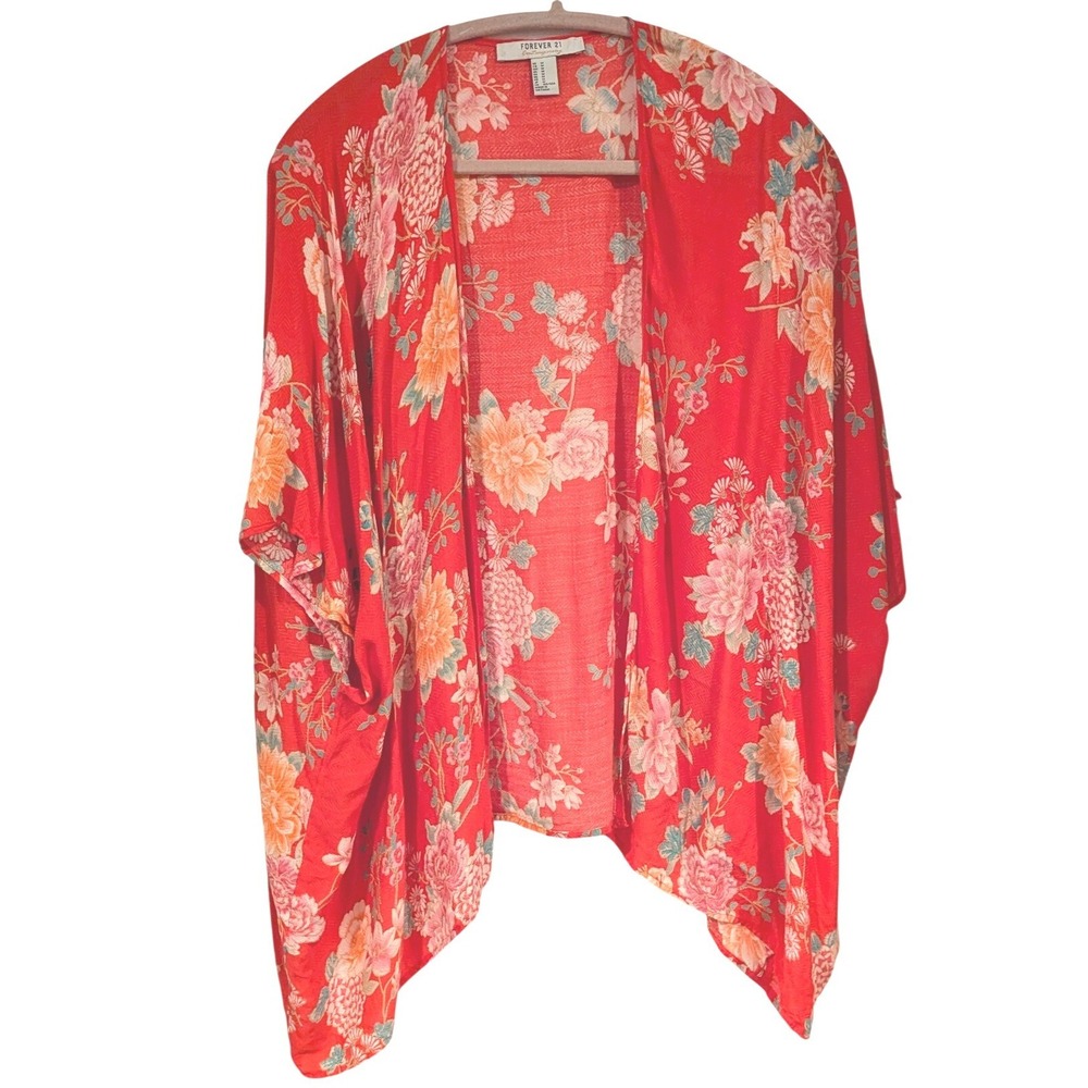 Forever 21 Contemporary Red Floral Kimono‎ Cardigan Textured Open Front Medium